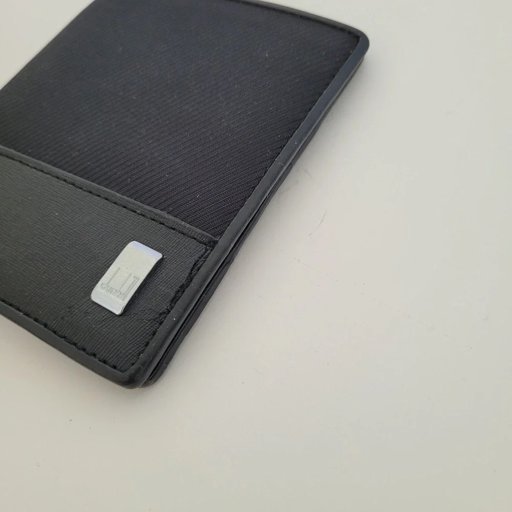 Dunhill Mens Black Canvas Leather Bifold Wallet Silver Logo Plaque